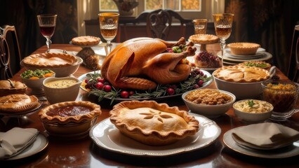 Thanksgiving Feast with Roasted Turkey and Pies on a Dining Table.