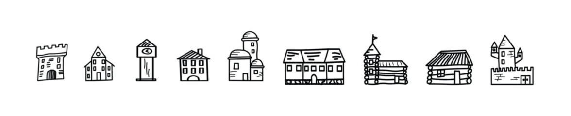 Hand drawn simple building icons set featuring houses churches and modern structures. Hand drawn doodle house vector set. Cute outline houses black and white line, vector illustration.