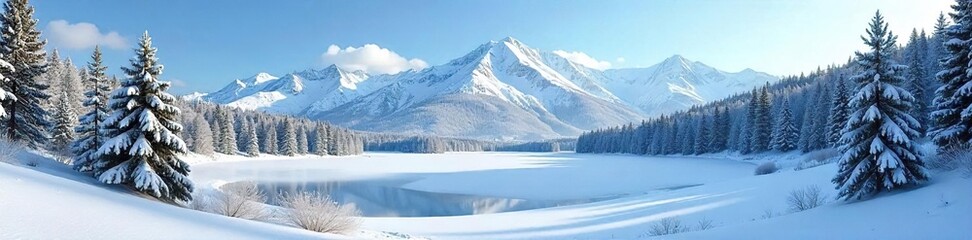 Serene Winter Wonderland Snow-Covered Forest, Frozen Lake, and Majestic Snow-Capped Mountains under a Brilliant Blue Sky ? Perfect for Holiday, Nature, and Travel Photography
