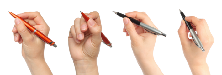 Set of hand holding business ballpoint pen isolated on transparent background