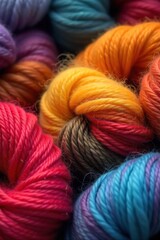Vibrant Wool Yarn Textures A Close-Up Showcase of Rich Colors and Soft Natural Light, Ideal for Crafting Inspiration and Textile Design