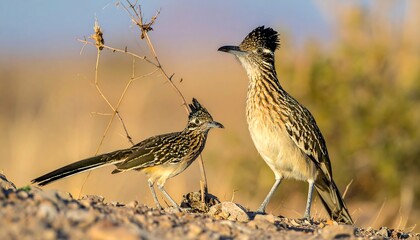 Two roadrunners pose on a rocky, arid landscape, one standing tall while the other is crouched nearby