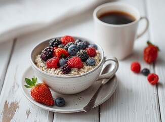 Wholesome oatmeal with vibrant berries and chia seeds, a perfect energizing breakfast paired with coffee, served on a rustic white wooden surface for a healthy start.