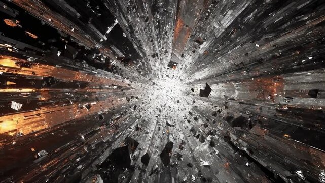 Shattered glass exploding outward from a central bright point, creating a radial starburst of debris.