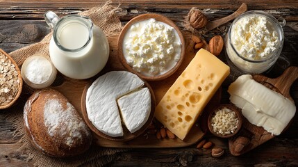 yogurt. Assorted dairy products on wooden board, rustic kitchen setting with soft light. menu design, packaging mockups, designed for food delivery and cloud-kitchen brand materials.