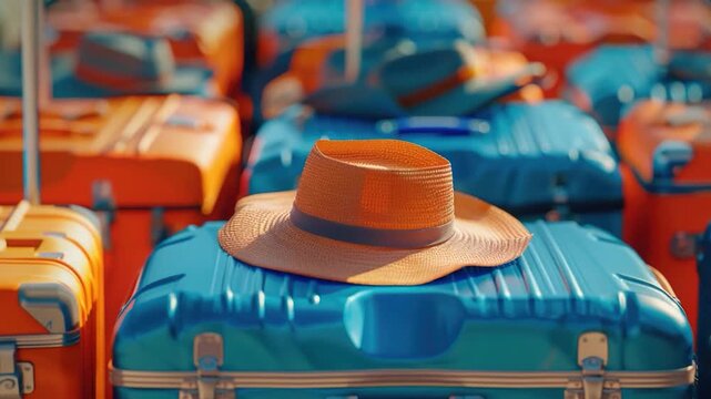 video A hat sits atop several blue suitcases, ideal for travel or storage-related imagery