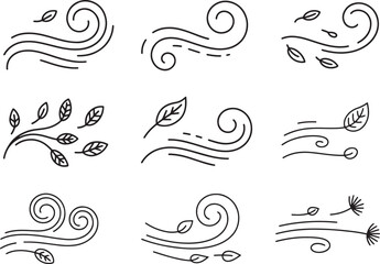Wind Flow Icon Set with Leaves and Air Motion Vector Design