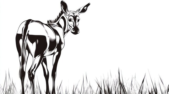 Zebra foal in grass, profile view, wildlife, artistic illustration, for nature, background use, possible use in children's book or educational material