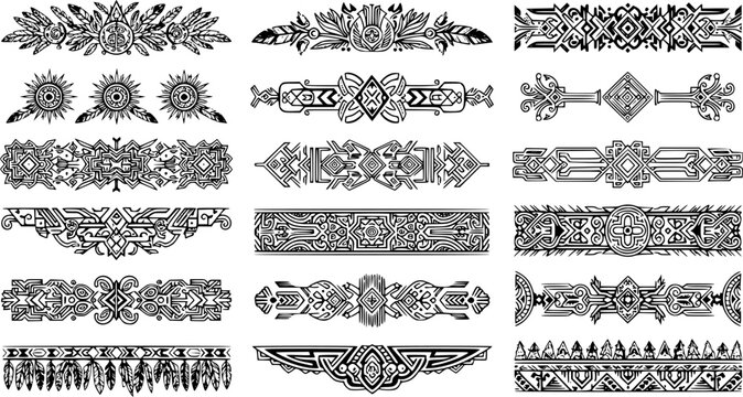 Aztec borders set. Ethnic ornament, decoration patterns in Arabic, Egyptian or native American tribal styles.