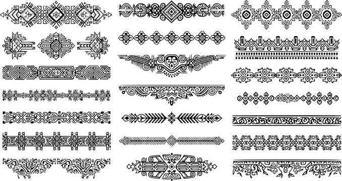 Aztec borders set. Ethnic ornament, decoration patterns in Arabic, Egyptian or native American tribal styles.