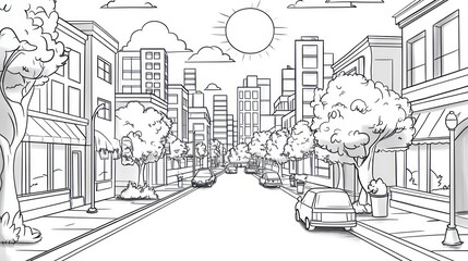 Obraz premium Sunny city street, cars driving, trees, buildings, illustration, urban planning