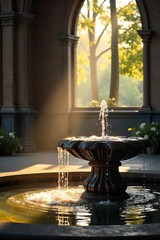 Tranquil Church Fountain Sunlight Reflecting on Water, Peaceful Spiritual Scene