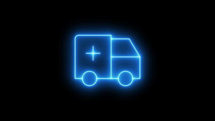 Fototapeta premium Blue neon glowing ambulance icon with a prominent medical cross symbol, representing emergency healthcare services and rapid medical transport, illuminated and isolated on black background