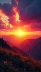 Dramatic Sunrise Paints Vibrant Sky with Orange, Pink, and Purple Hues, Peaceful Morning Scene