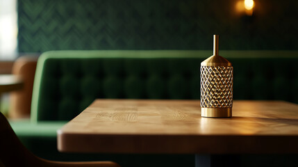 Ambient Restaurant Setting: A stylish metallic container sits on a wooden table in a restaurant with green booth seating and patterned wallpaper.