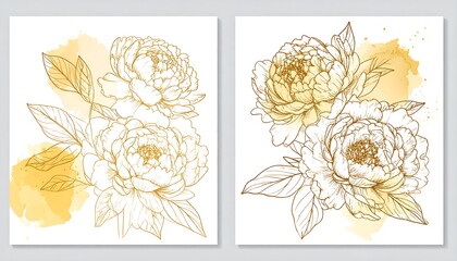 Two gold peony illustrations on white backgrounds with watercolor-style splashes