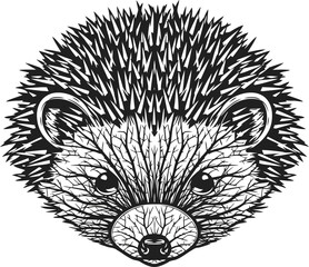 Black and white illustration of a hedgehog's face with a body made of tree branches and roots on white background Keywords: hedgehog, animal, face, head, spikes, quills, tree, branches, roots