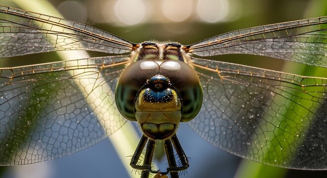 Close-up macro of a colorful dragonfly or damselfly, an insect with delicate wings, resting on a window or green leaf - Powered by Adobe
