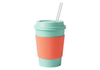 Isolated reusable travel mug with lid and straw for beverages, drinkware or to-go coffee