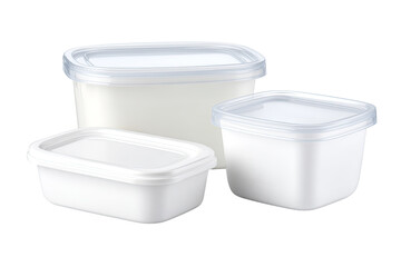 Three white plastic food containers with clear lids