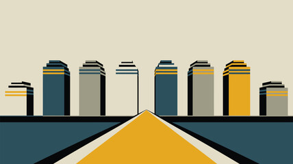Fototapeta premium A stylized cityscape with buildings in shades of blue gray and yellow along a yellow pathway leading forward