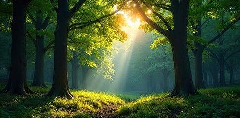 Sunlit Forest Floor Towering Trees, Gentle Breeze, Tranquil Scene of Natural Beauty