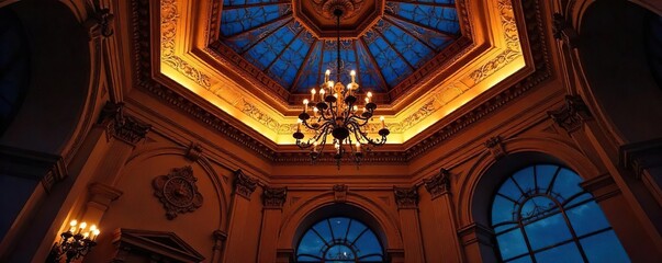 Elegant Nighttime Ceiling Detail Soft Lighting Creates Dramatic Interior Design Atmosphere