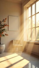 Sunlit Minimalist Interior Golden Rays Dance Through Large Windows, Creating a Serene and Peaceful Atmosphere