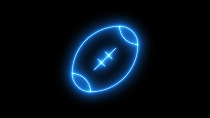 Bright blue neon american football icon, glowing dynamic energy and modern design for sports, competition, and game related themes, isolated on black background.