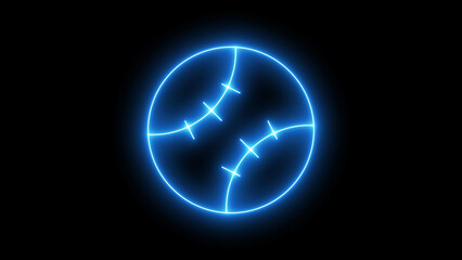 Blue neon baseball icon glowing vibrantly, an electrifying symbol of sports, games, and athletic activity with luminous outlines, isolated on black background.