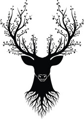 Black Silhouette of a Deer Head with Antlers as Tree Branches and Roots animal white background
