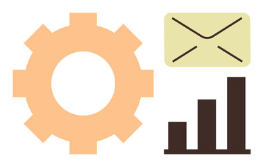Gear icon, bar chart, and envelope symbolize teamwork, efficiency, growth, data, productivity strategy and communication. Ideal for business analysis project management themes. Clean simple flat