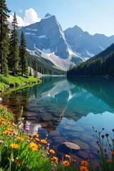 Majestic Colorado Mountain Lake Serene Reflection, Lush Evergreens, Wildflowers, Crystal Clear Water, Ideal for Relaxation and Adventure