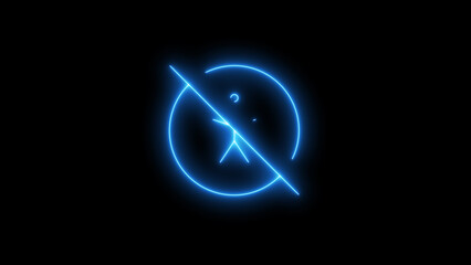 Bright blue neon glowing no camera or privacy icon, depicting an abstract person within a circle with a diagonal line, digital modern graphic, isolated on black background