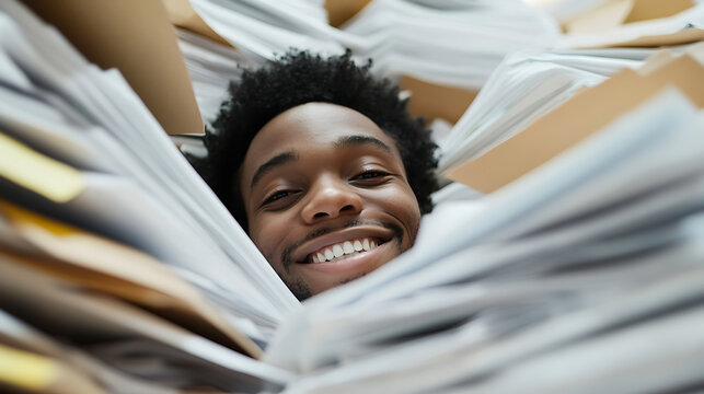Person surrounded by paperwork smiles, a humorous take on being overwhelmed with work or bureaucracy, conveying resilience and positive attitude.