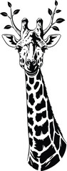 Bold Black and White Silhouette of a Giraffe Head with Branch-like Antlers animal wildlife