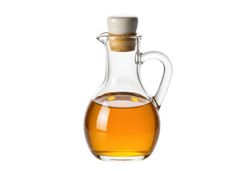 Isolated golden olive oil in a stylish glass carafe with handle, cork stopper, in studio lighting
