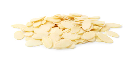 Pile of fresh almond flakes isolated on white