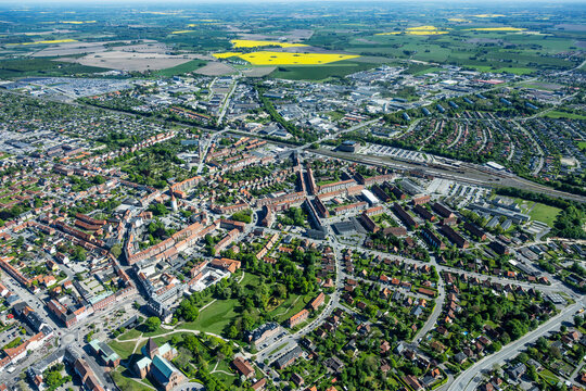 Aerial landscape foto of urban area in summer over northern Germany and Denmark.