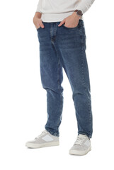 Naklejka premium Man in stylish jeans on white background, closeup