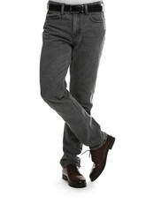 Man in stylish jeans on white background, closeup