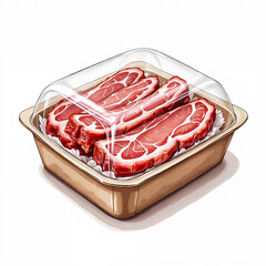 Packaged meat cuts in transparent container on white background  