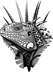 Detailed Black and White Illustration of an Iguana Head with Spikes and Scales reptile lizard