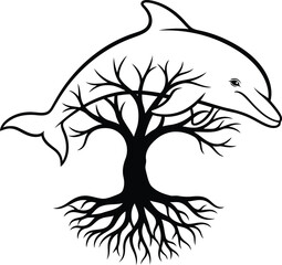 Dolphin Silhouette Merging with a Tree of Life Silhouette on White Background animal marine life