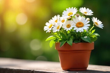 Terracotta Pot Overflowing with Blooming Daisies in Soft Sunlight Perfect for Spring and Summer Home Decor