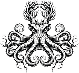 Fierce Octopus with Tree Branch Tentacles and Head on White Background sea creature marine