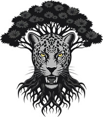 Fierce leopard head with a dense tree canopy for a mane and tangled roots as a beard on a white background
