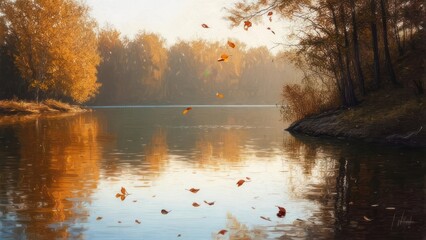 Golden Autumn Leaves Falling Over a Calm Reflective Lake.