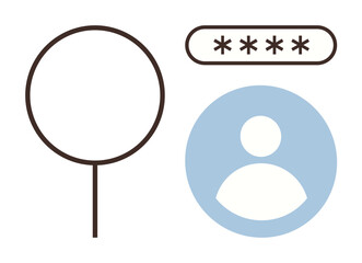 Search magnifying glass, password field, user profile icon in flat design. Ideal for data security, identity verification, account management, login process, cybersecurity, privacy user access