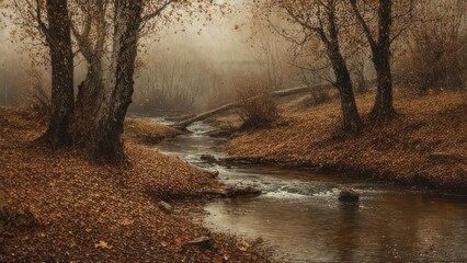 Serene Creek Flowing Through a Moody Autumnal Woodland.